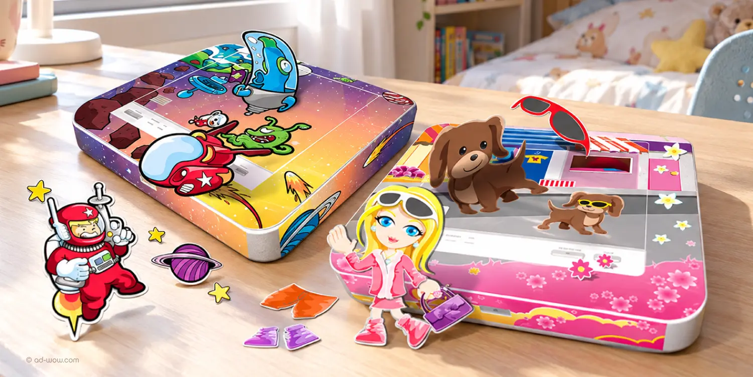Space adventure and fashion-and-pets sticker sets laid out beside two Philips digital audio devices